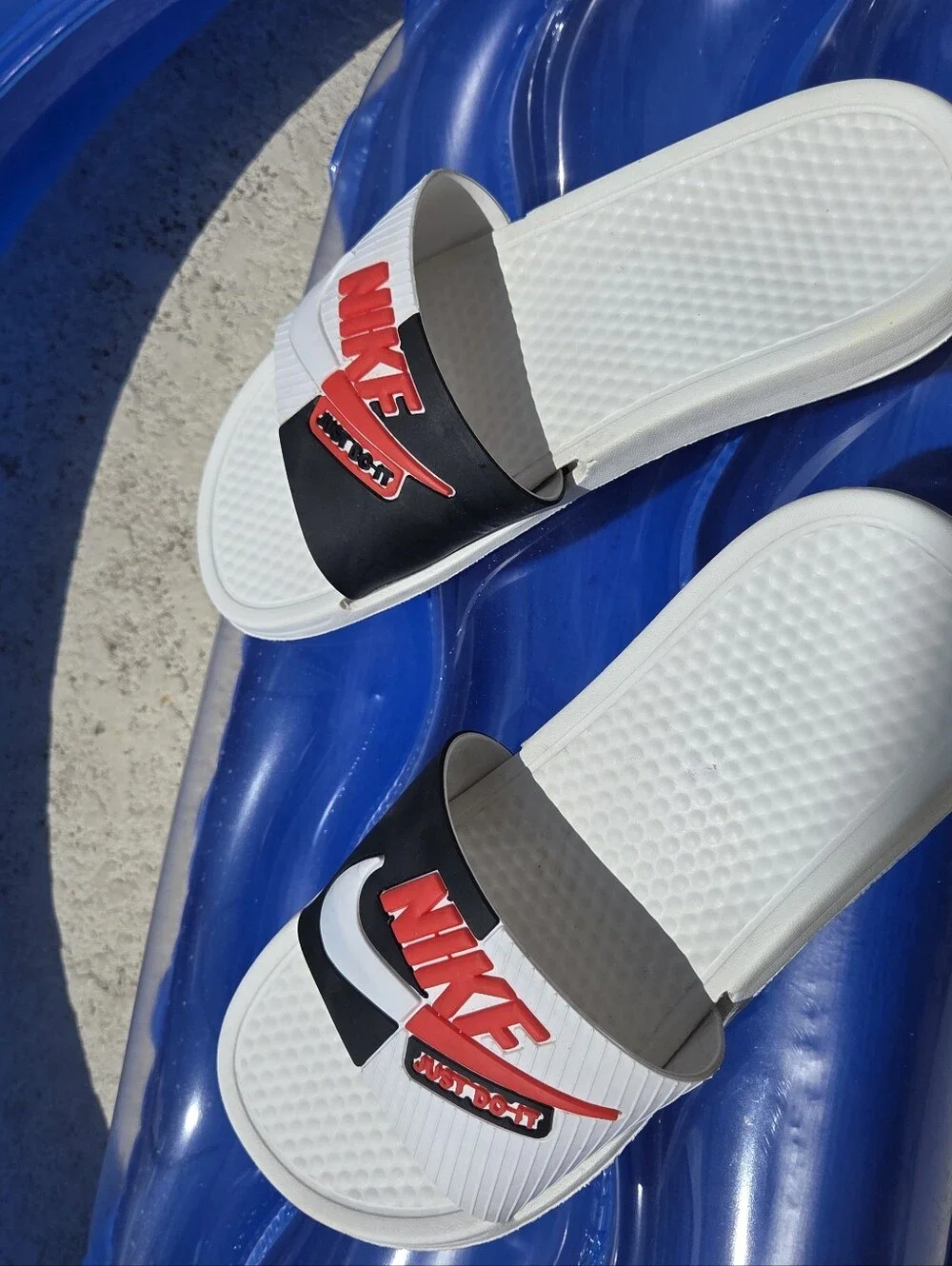 Nike Benassi JDI White and Black Slides with Red Logo Accent
